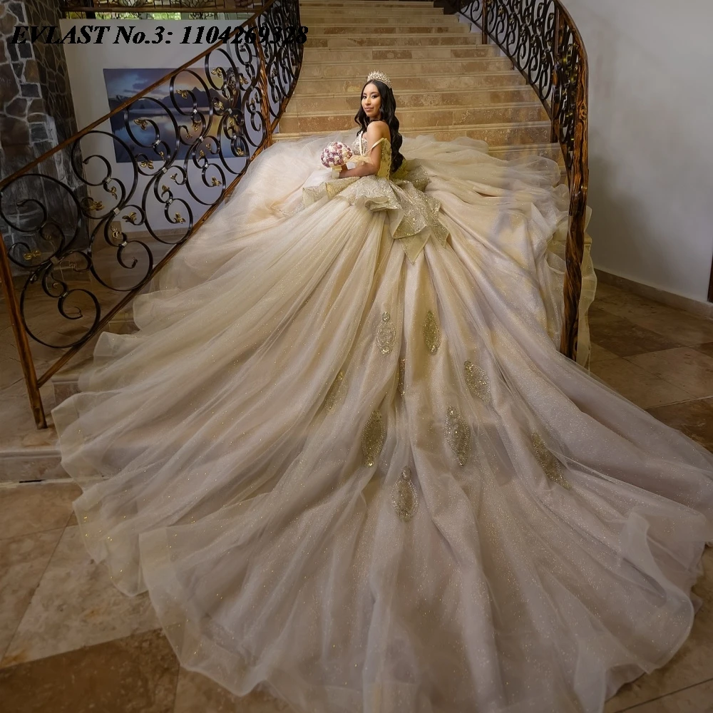 

EVLAST блестящее платье Quinceanera цвета шампанского по индивидуальному заказу, бальное платье с аппликацией и бисером, бант, корсет Sweet 16, Vestidos De 15 Anos E3Q750
