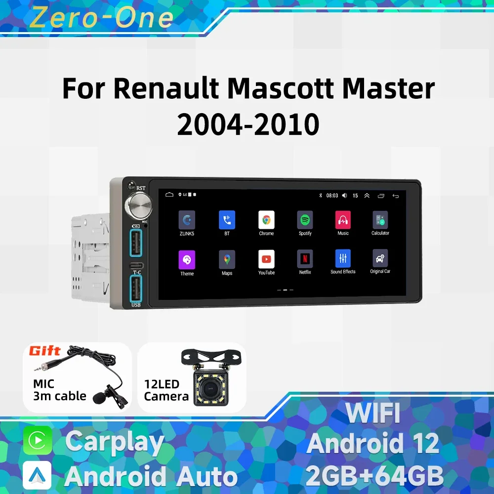 

Авторадио Carplay, 1-диночное радио, Android, автомобильное мультимедиа для Renault Mascott Master 2004-2010, 6,86 дюйма, стерео головное устройство, GPS-навигация