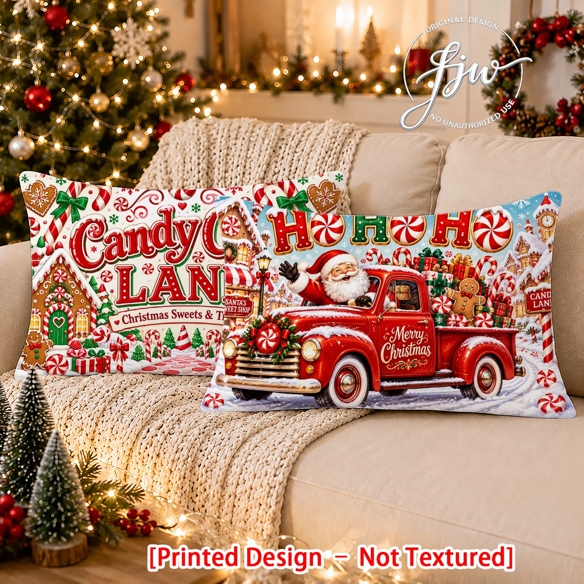2pc Set of 2 Christmas Vintage Truck & Candy Cane Lane Decorative Throw Pillow Covers