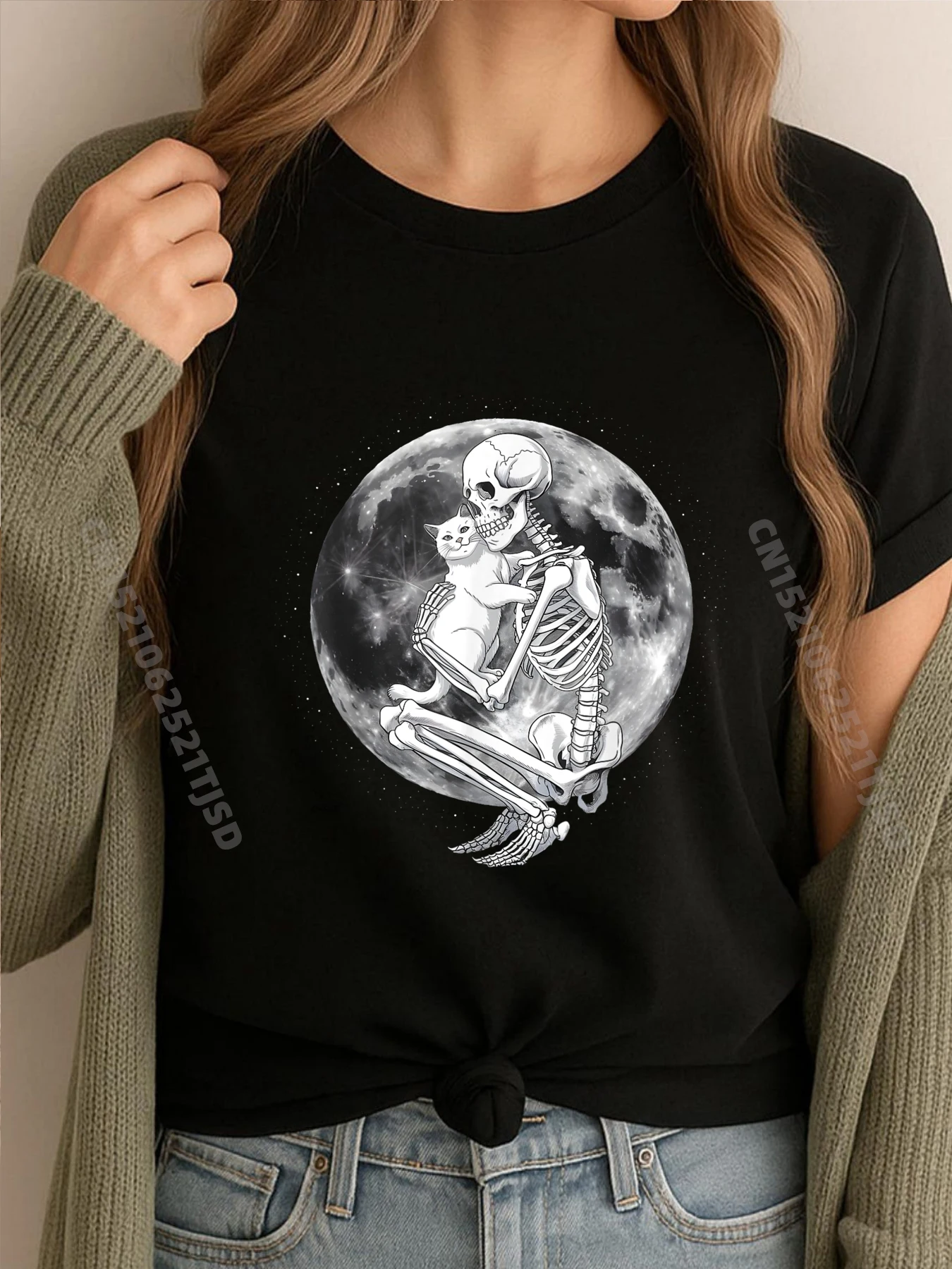 

Скелет, кошка, череп, котенок, милая готическая забавная рубашка на Хэллоуин, новогодние футболки