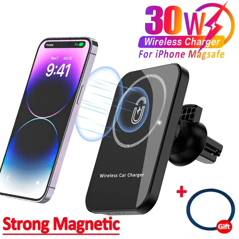 30W Phone Magnetic Wireless Car Charger Holder For Magsafe iPhone 16 15 14 13 12 Pro Max Car Charger Air Vent Clip Fast Charging