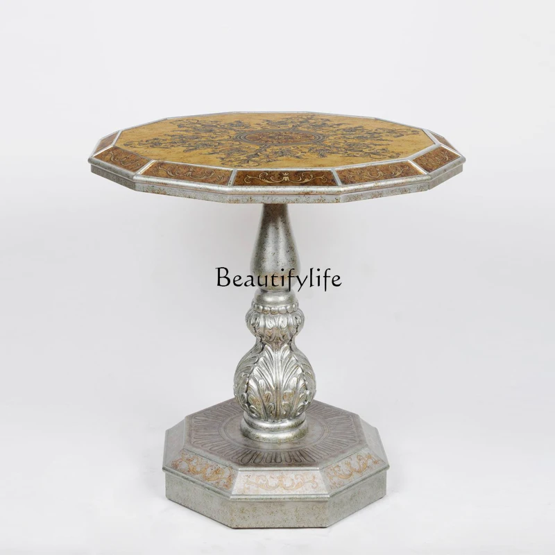 

6Wood color retro living room stained glass round table corner few balcony tea table