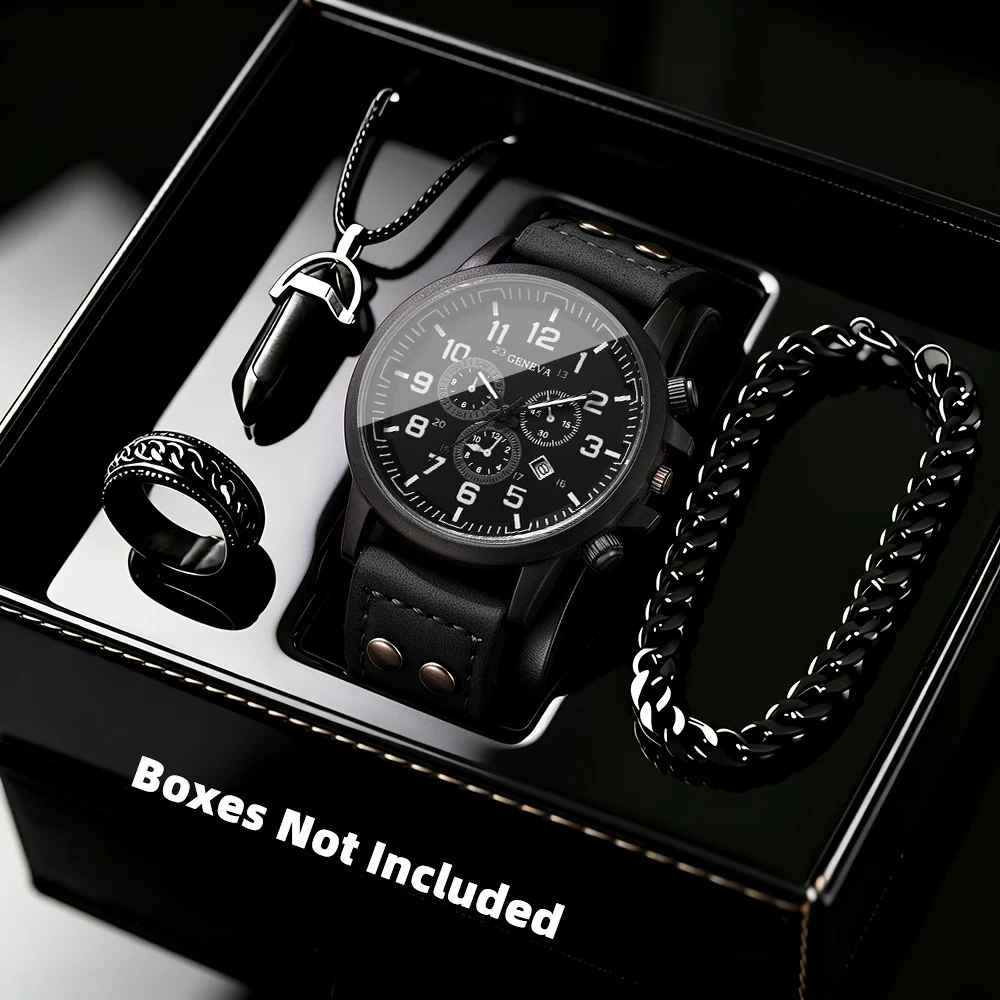 4PCS Fashion Men Quartz Watch Jewelry Set Casual Leather Strap Calendar Military Sports Wristwatch Relogio Masculino（Without Box