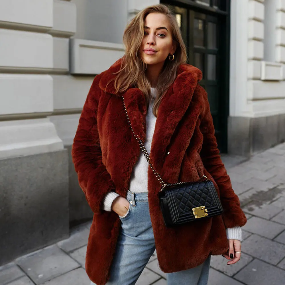 

Winter Women's Mid Long Faux Fur Coat Solid Color Plush Jacket Women Overcoat Lapel Fluffy Jacket Female Outerwear Top