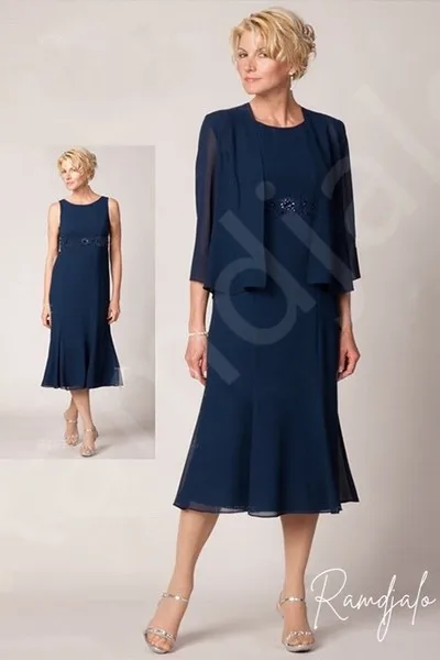 Customized Classic Navy Blue A-line Midi Dress with Embellishments Waist Matching Loose-Fitting Jacket the Mother of the Bride