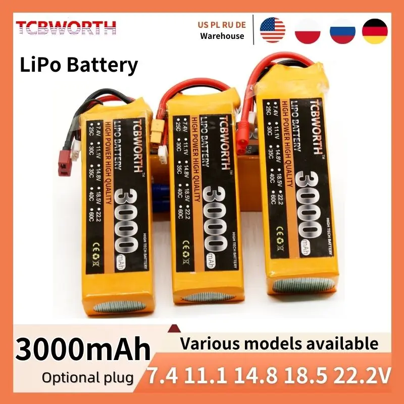 TCBWORTH 3000mAh RC LiPo Battery 2S 3S 4S 5S 6S For RC Airplane Car Plane Boat Truck Tank Drone Helicopter Batteries 25C 35C 60C