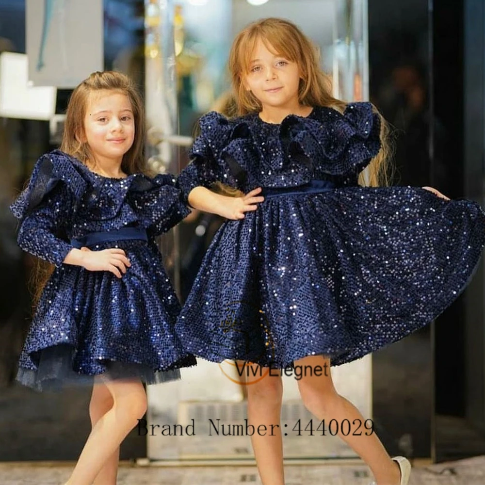 Vestidos de flores encantadores para niñas, vestidos de fiesta de boda de manga larga con lentejuelas escalonadas, novedad de 2023