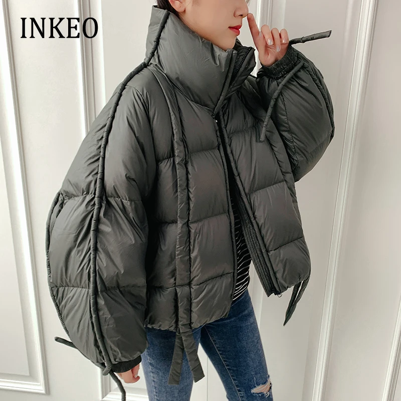 

New designer Womens Oversized Down jacket Winter Fashion Lace up puffer coat Turtleneck parkas clothing Casual INEKO 2O118