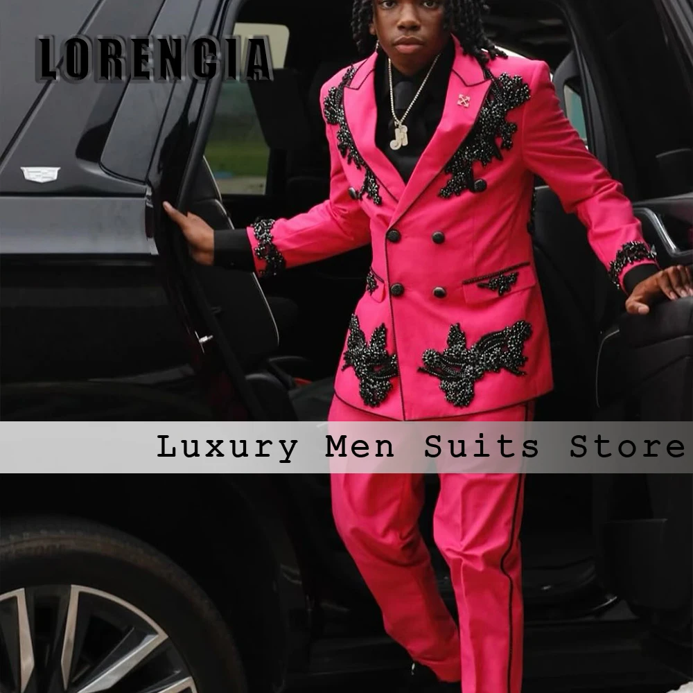 

Exquisite Applique Men Suit 2 Pieces Double Breasted Tuxedos Wedding Party Outfits Customized Blazer Pants robe mariage femme