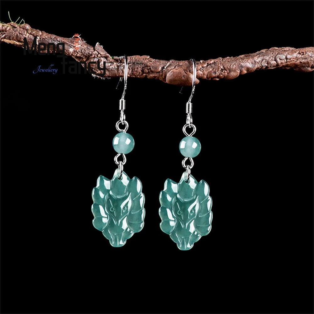 

Exquisite Popular Natural A-goods Jadeite Blue Water Nine-tailed Fox Ice Jade Earrings S925 Silver Inlaid Luxury Quality Jewelry