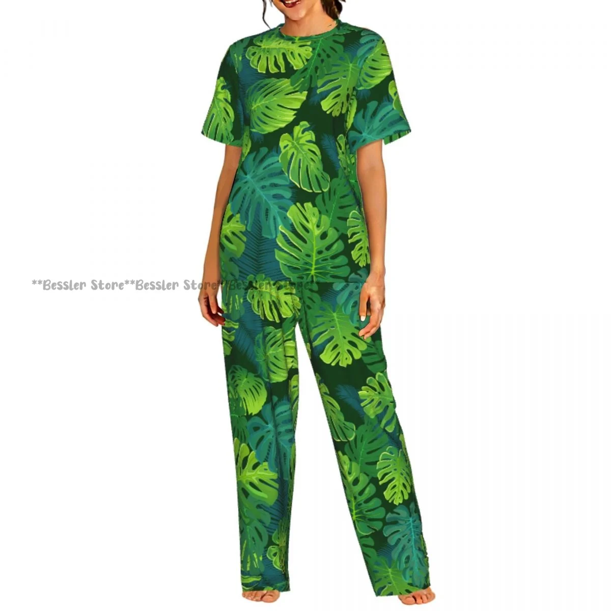

Женская комфортная пижама с коротким рукавом и принтом тропических пальм, листьев монстеры и листьев джунглей