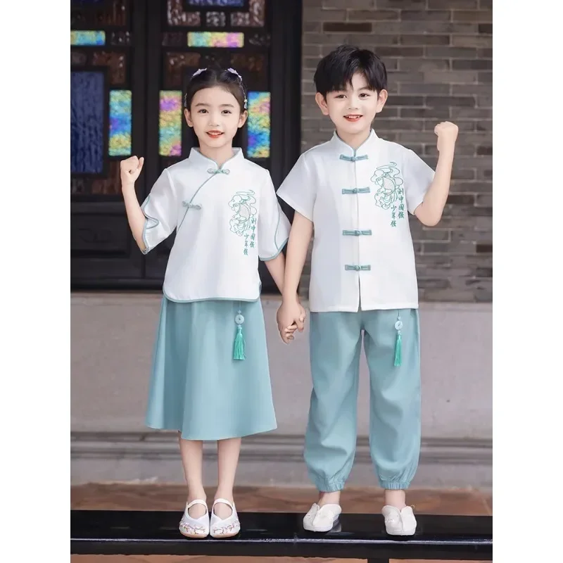 9 Colors Traditional Chinese Tang Suit 2pcs Boys Girls Vintage Children School Speech Costumes Shaolin  Kung Fu Tai Chi Uniform