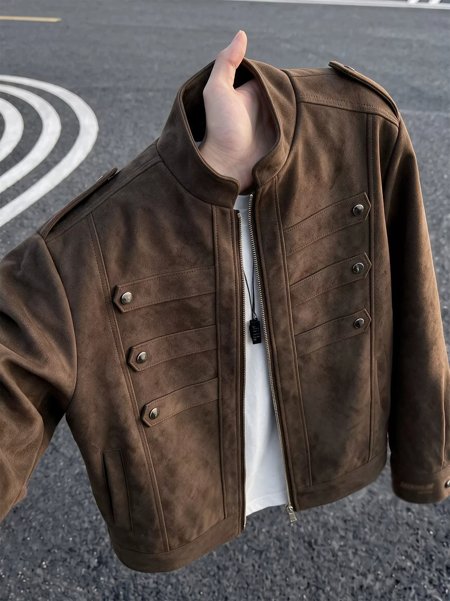 American Style Men's Stand Collar Jacket Spring Autumn High Street Workwear Top Trendy Pilot Coat Loose Fit Contrast Color PU...