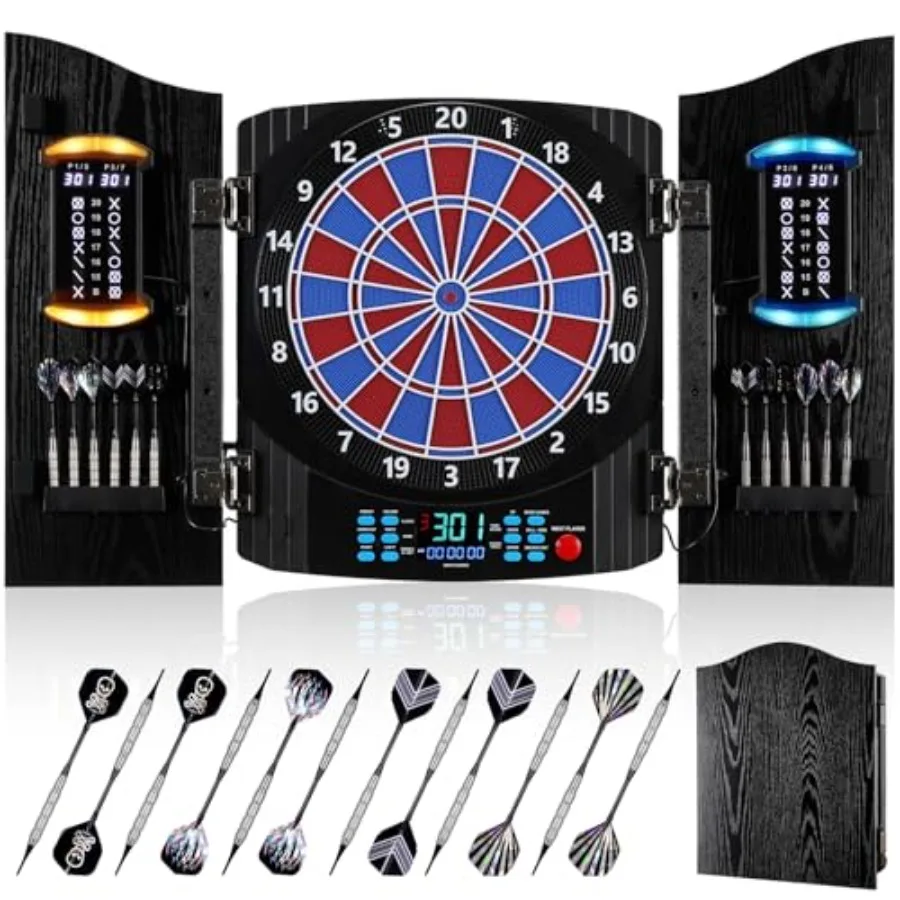 

Electronic Dart Board, Electric Dartboard Cabinet Set for Adults [12 Soft Tip Darts] Individual Light Color for Each Player- Wo