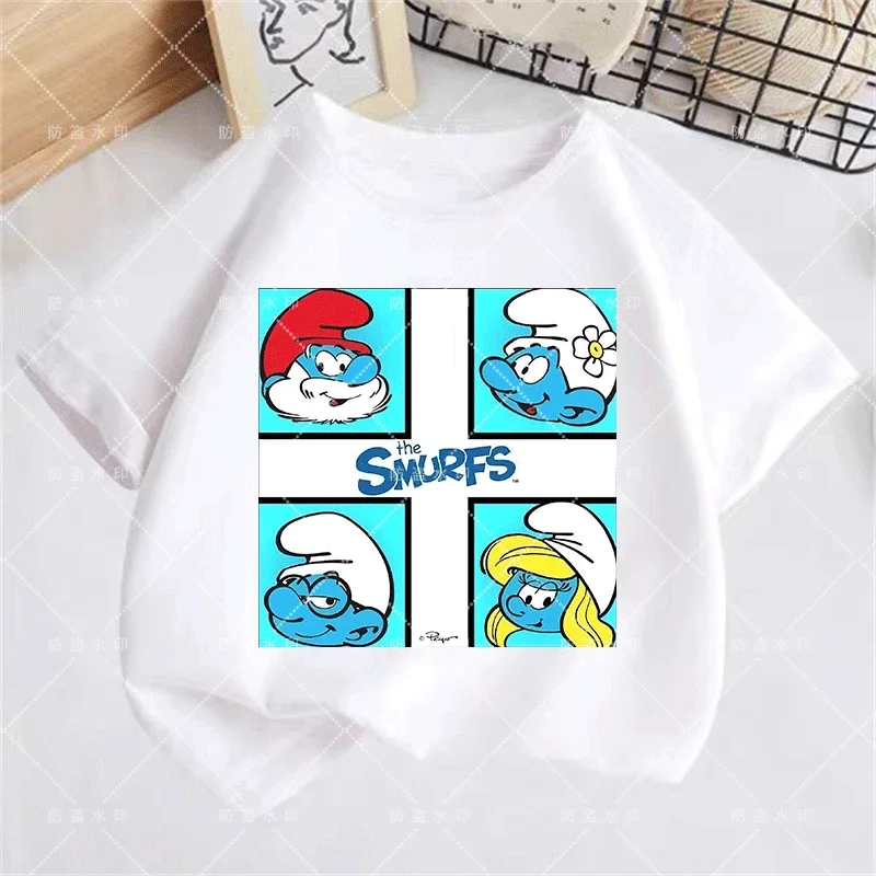 Kids Cartoon outdoors T-shirt Smurfs Summer Anime Print Sports Short Sleeve Boys Casual Shirt Harajuku Top Girls Kawaii Clothing