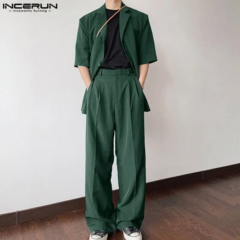 INCERUN 2024 Korean Style New Men Sets Short Sleeved Suit Jackets Long Pants Stylish Simple Male Suit Collar Suit 2 Pieces S-5XL