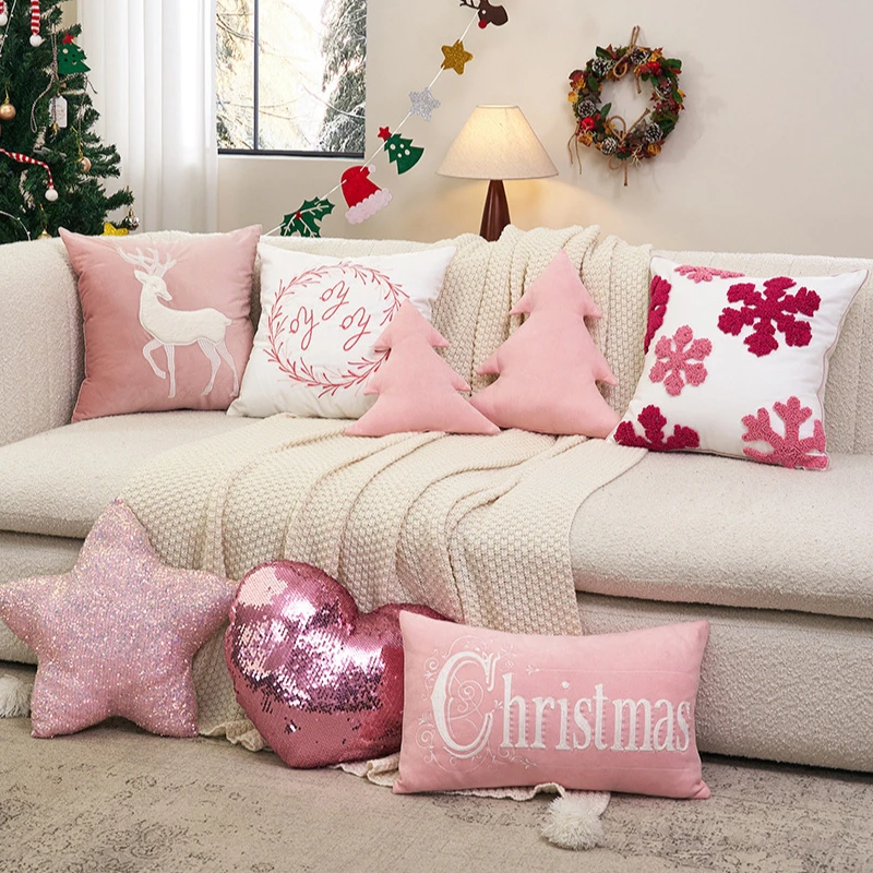 

Наволочка для подушки в скандинавском стиле, розовая, рождественская, с вышивкой, для дивана, декоративная, для дома, чехол для декоративной подушки