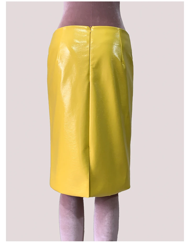 Mauroic Spring Summer Shiny Reflective Bright Yellow Faux Leather Pencil Skirt Women with Back Slit High Waist New Arrivals 2025