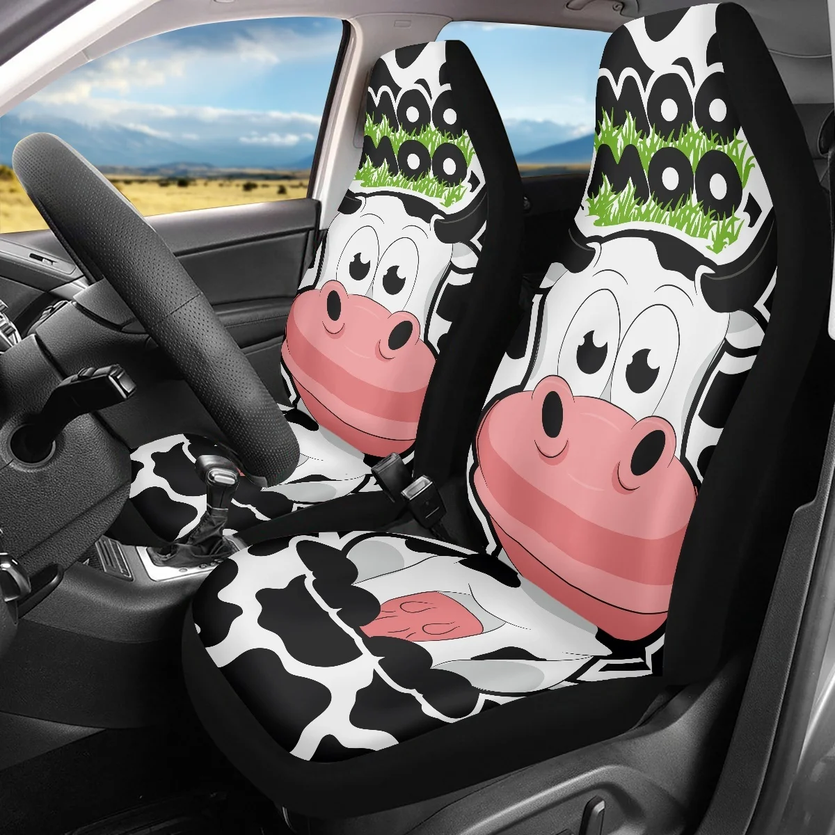 Cute Dairy Cow Cartoon Pattern Car Seat Covers Front Set in Cloth Car Seat Covers for Low Back Car Seats with Removable Headrest