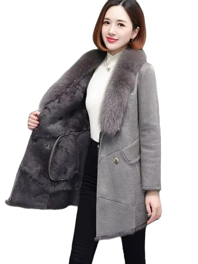 Rabbit Fur Coat for Women's 2023 Winter New Mid length Original Fashionable Fox Fur Collar Real Leather Fur Integrated Coat