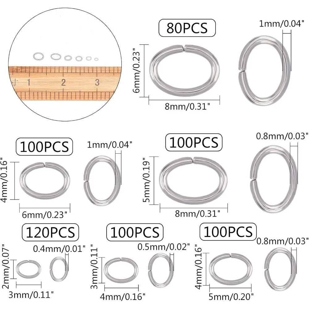 6 Sizes About 600pcs Oval Close but Unsoldered Jumps Rings 18-26 Gauge O Rings 304 Stainless Steel Jump Rings Connectors for