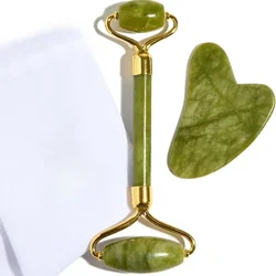 Rodillo de Jade y Gua Sha, masajeador facial de grado Spa, piedra 100% auténtica, reduce la hinchazón y las arrugas