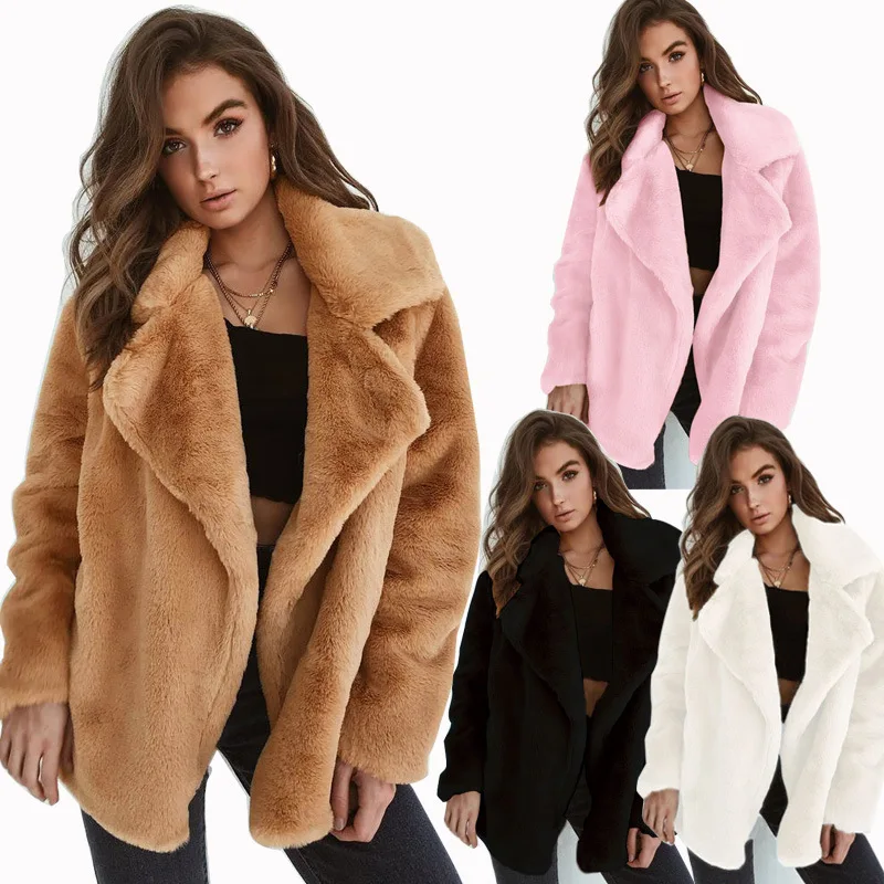 

Women Faux Fur Elegant Brown Shaggy Coat Autumn Winter Warm Plush Teddy Coat Streetwear Female White Furry Fluffy Jacket