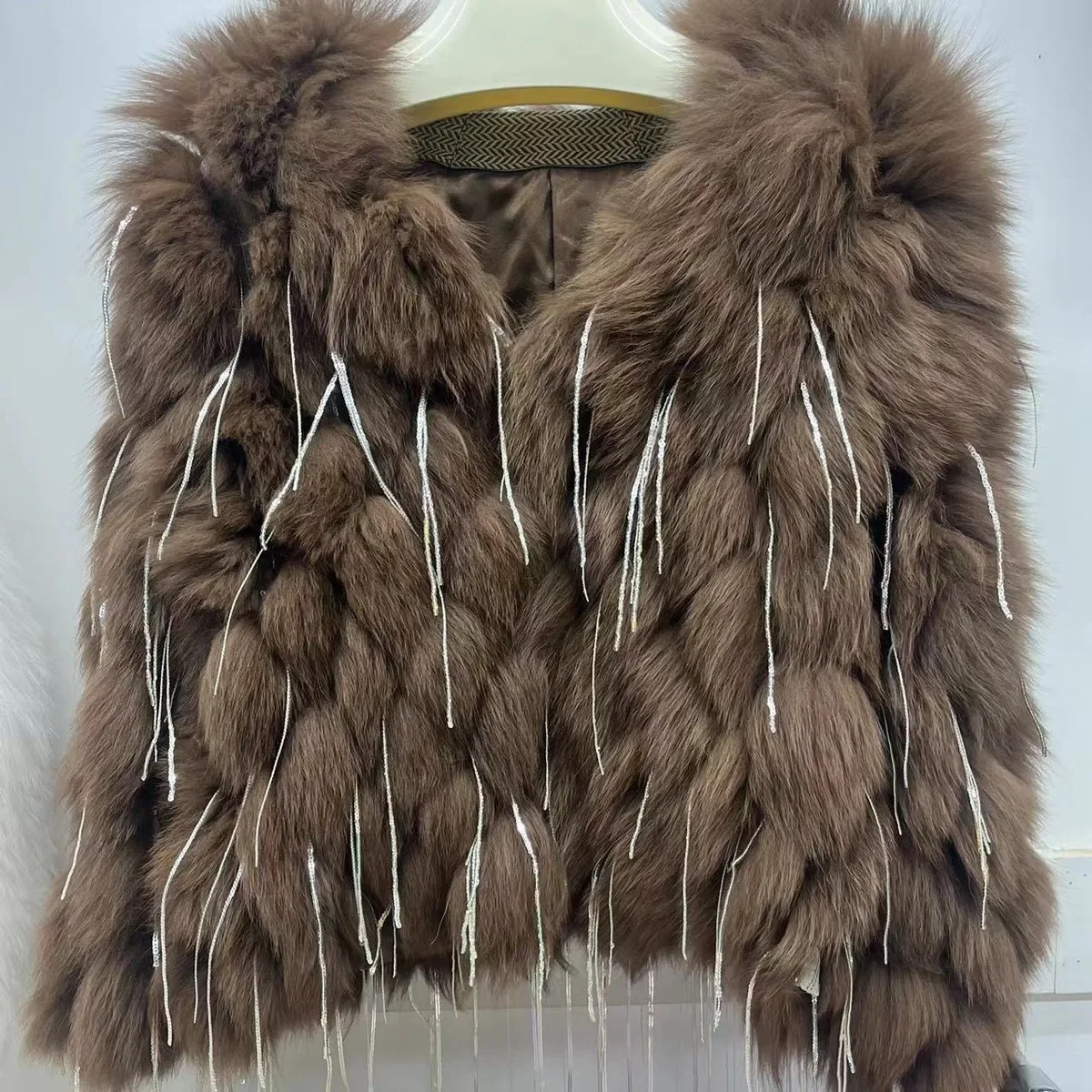 Real Fur Coat Women Winter Warm Natural Fox Fur Coat High Quality Luxury Fashion Sequined Tassel O Neck Short Fur Jacket