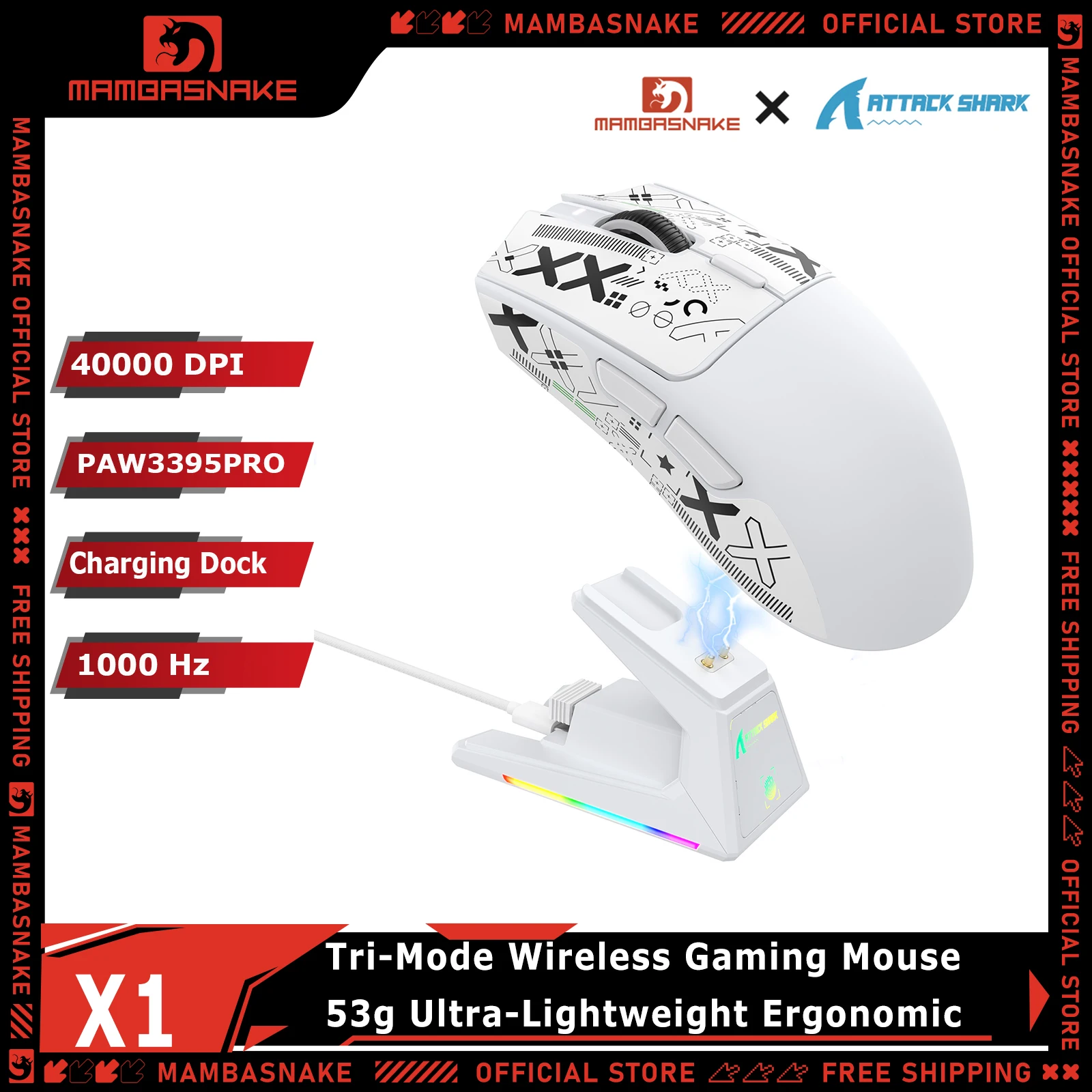 ATTACK SHARK X1 Tri-mode Wireless Gaming Mouse PAW3395PRO 40000DPI RGB Magnetic Charging Dock 53g Ultra-Light
