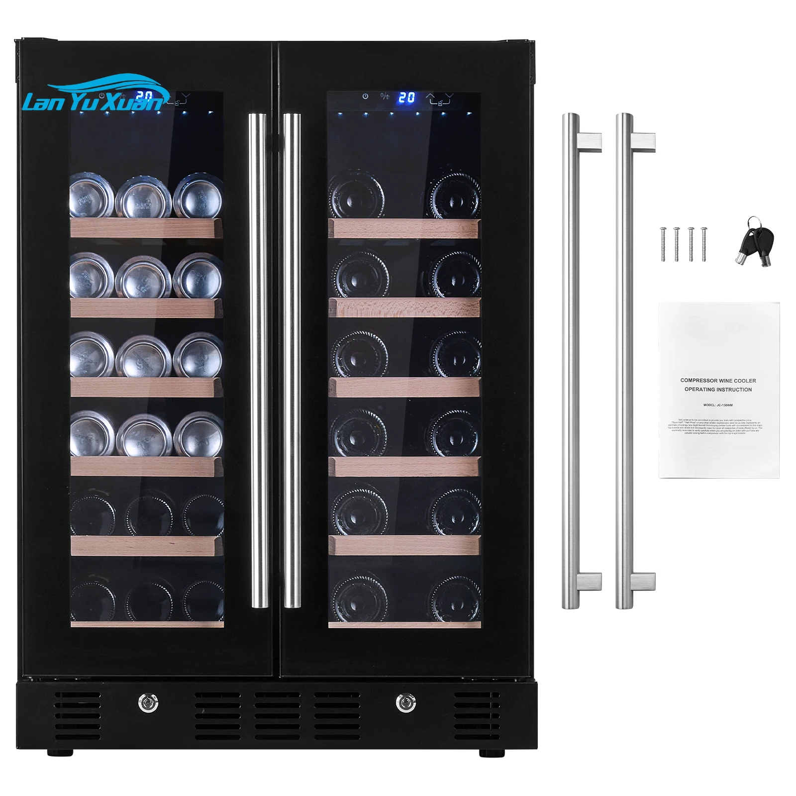 

LYX 24" Wine & Beverage Refrigerator,78 Cans & 20 Bottles Dual Zone Tempered Glass Door,Digital Temper Control, Blue LED Light