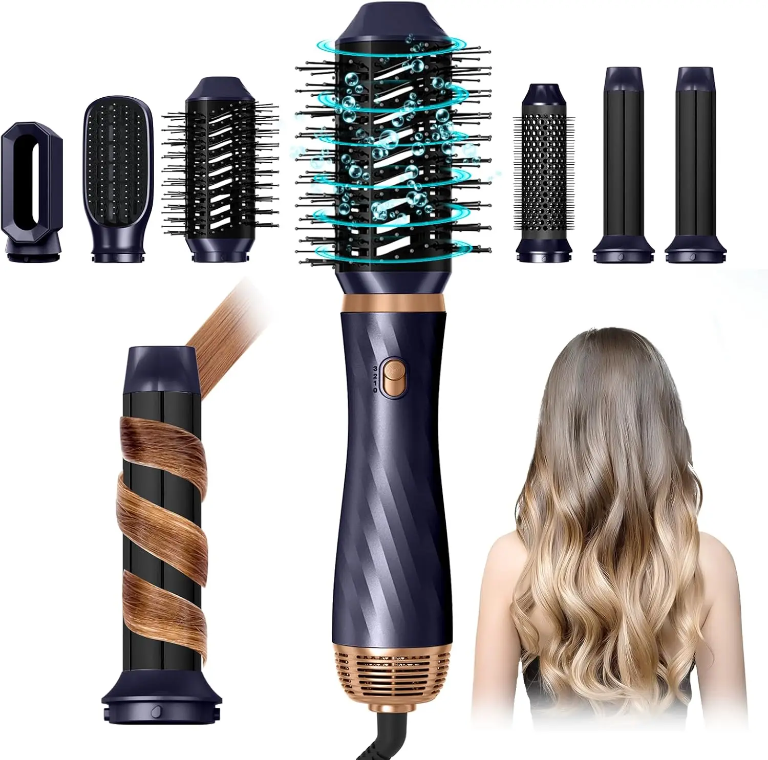 

Blow Dryer Brush, 6 in One Detachable Rotating Hair Dryer Brush Curling Wand, Upgrade Negative Ionic Hair Styling Tool Set, Auto