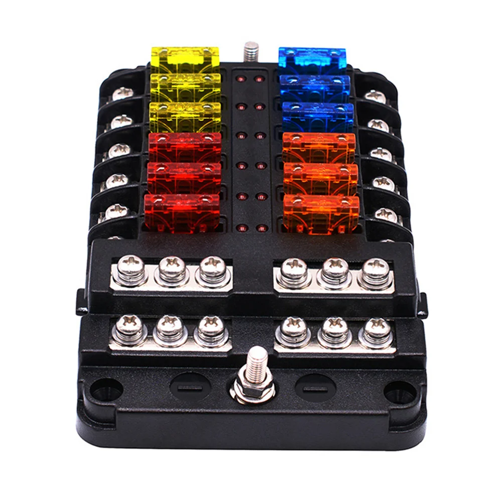 

12-Way 1-Input Fuseholder Fuse Box Holder with LED Indicator Board Waterproof Protective Cover for Car Boat Marine SUV (Blac