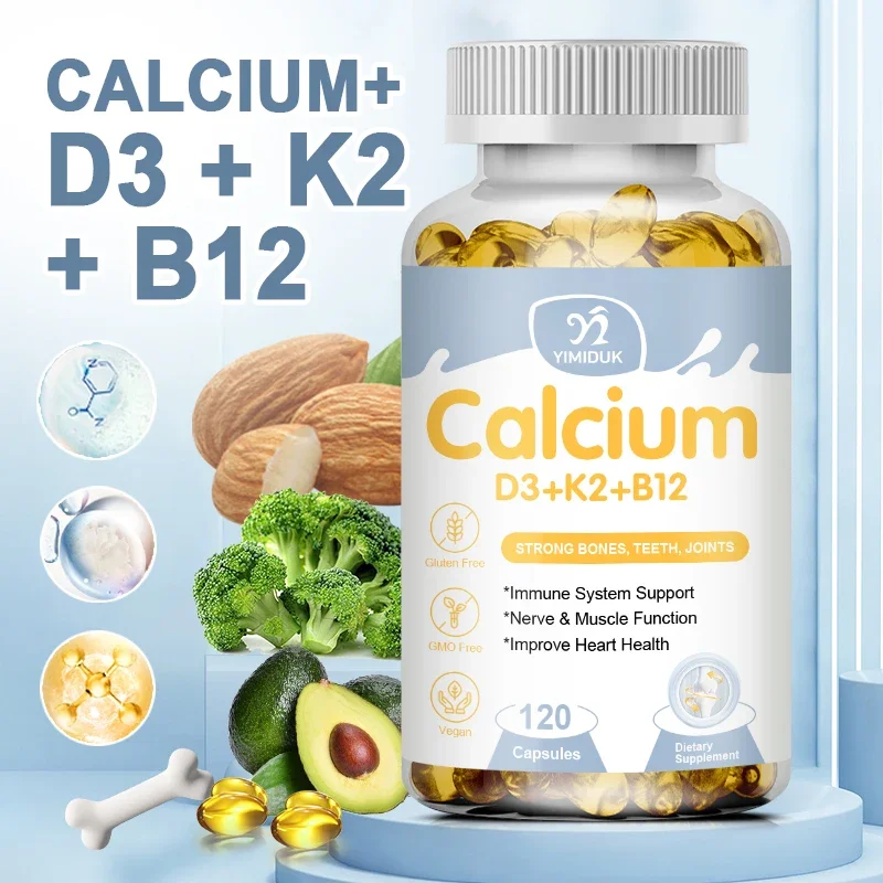 Yimiduk Vitamin D3 K2 Capsules with B12 Vitamin Regulate Calcium Metabolism Supports Promote Bone Health Immunity System