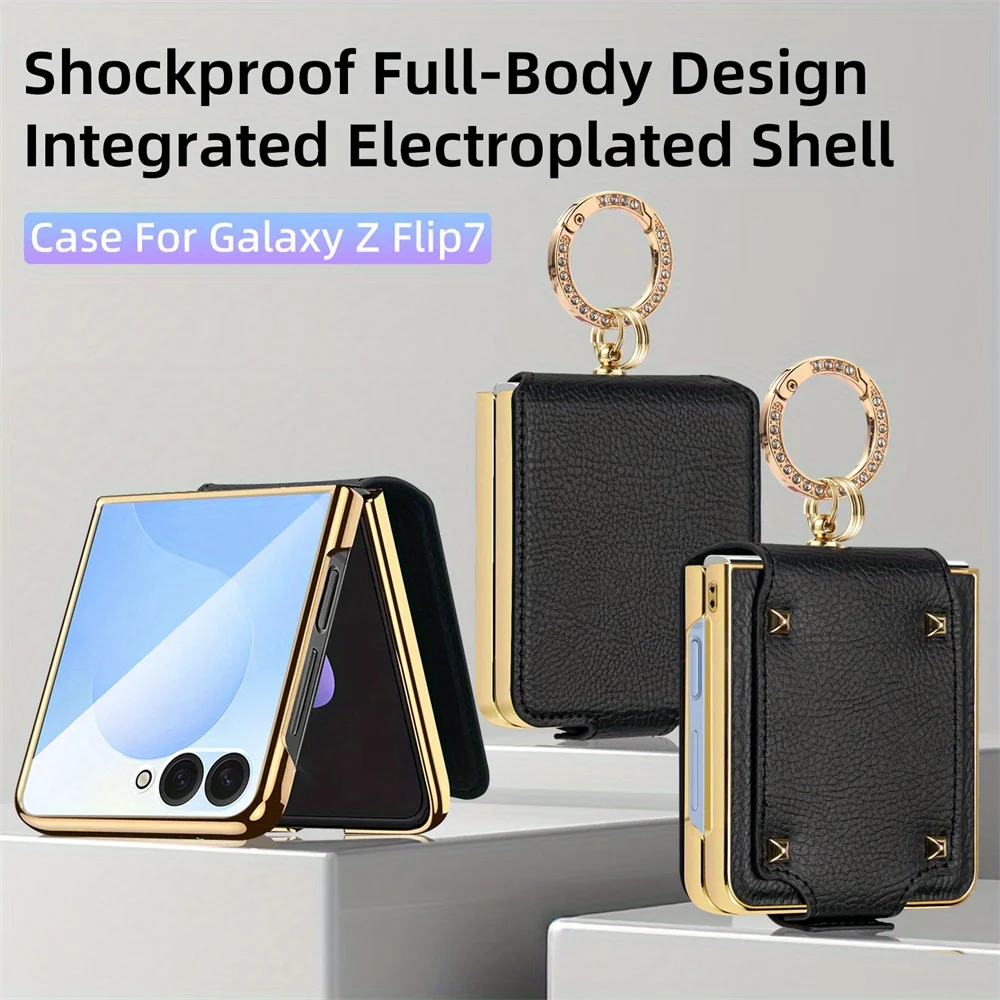 

Защитный чехол для телефона с гальваническим шарниром и кольцевым держателем и закаленной защитной пленкой для Samsung Galaxy Z Flip7 Flip 7 5G