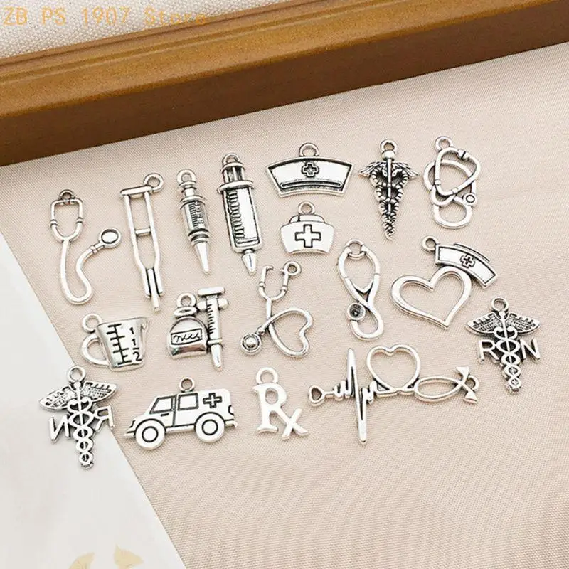 72Pcs Mixed Antique Silver Doctor Nurse Charms Stethoscope Ambulance Pendant for DIY Necklace Jewelry Making 55KA