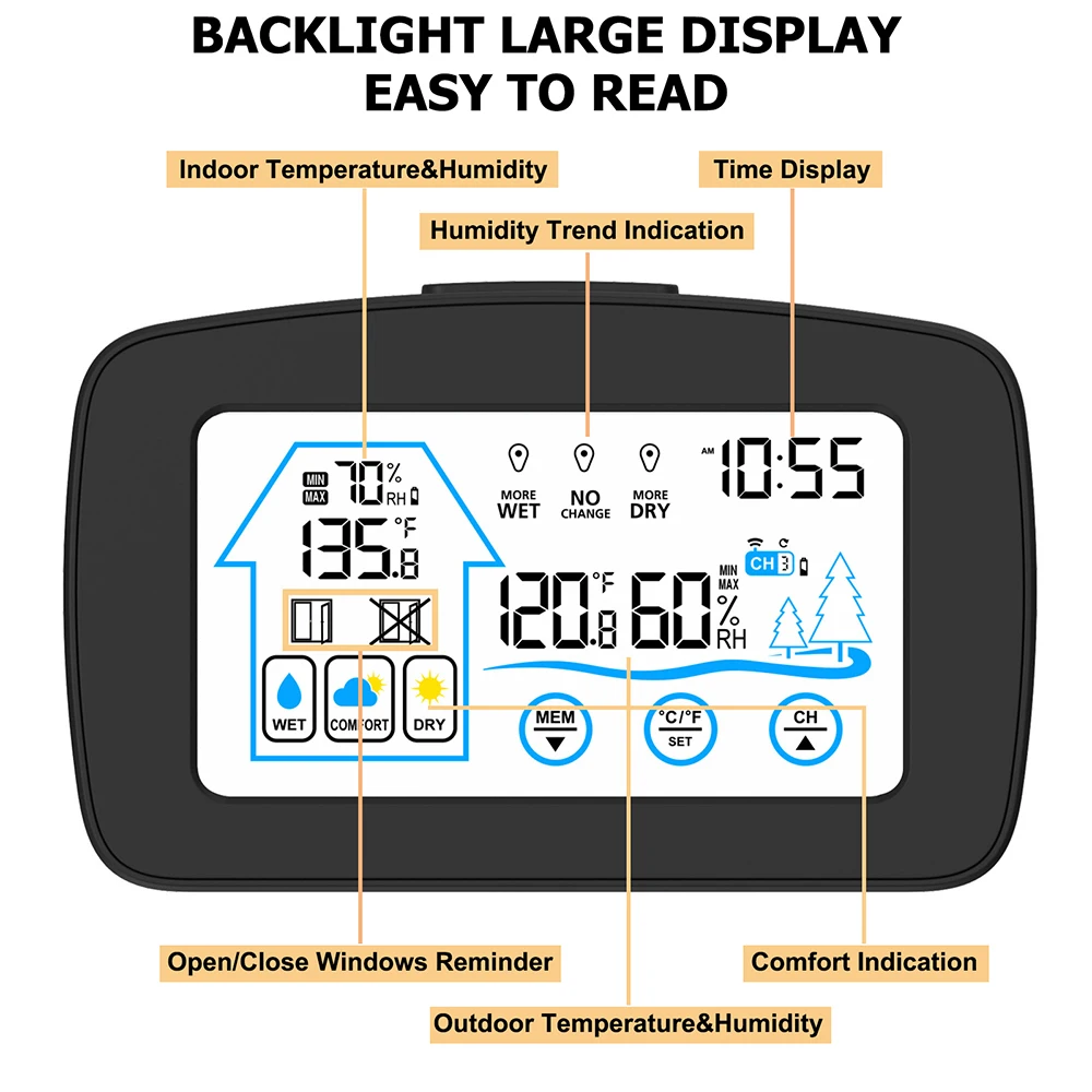 Touch Screen Temperature Humidity Monitor Wireless Indoor Outdoor Thermometer Hygrometer Digital Electronic Weather Wall Clock