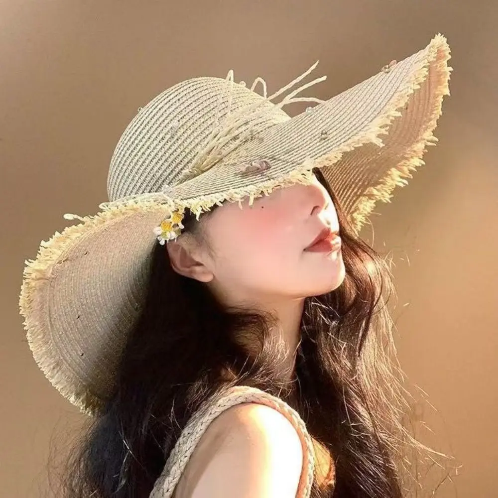 Fashion Big Brim Beach Hat Lightweight Lace Bow Sun Block Hat Multicolor Sun-proof Straw Hat Beach Use