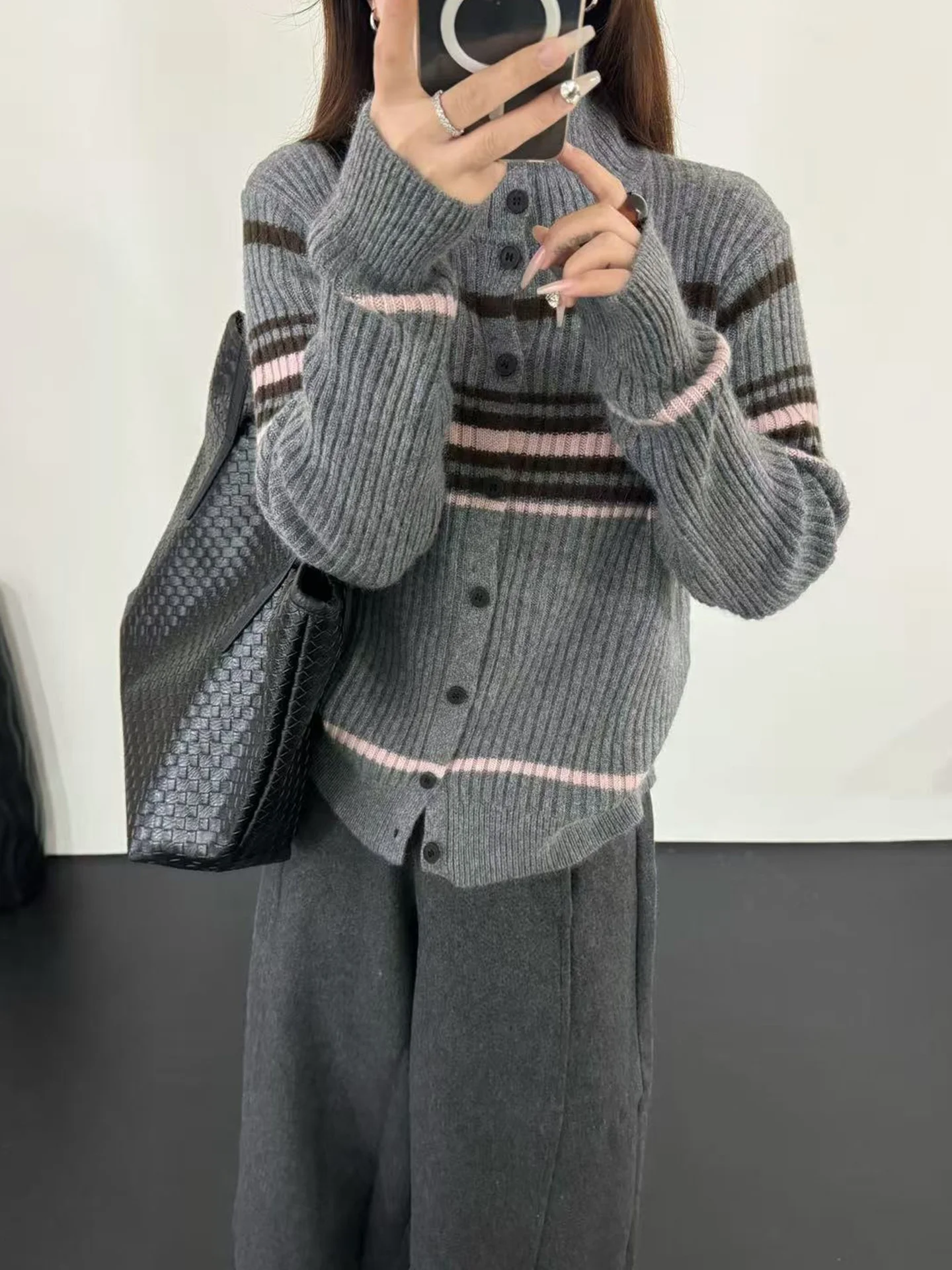 Couleur Blo rayé tricots longue Sve couche de base décontractée haut hiver respectueux de la peau anti-âge coréen Sle Faionable ouvert...