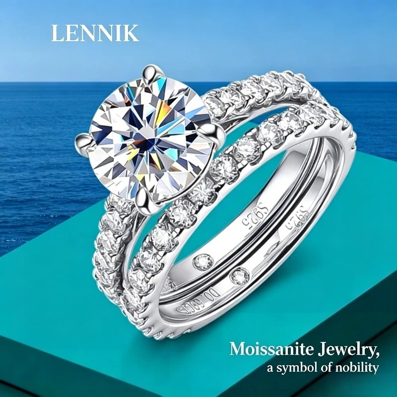 LENNIK D VVS1 Moissanite Rings for women Sparkling Diamond Bridal Sets with GRA s925 Sterling Sliver Plated 18k Eternity Band