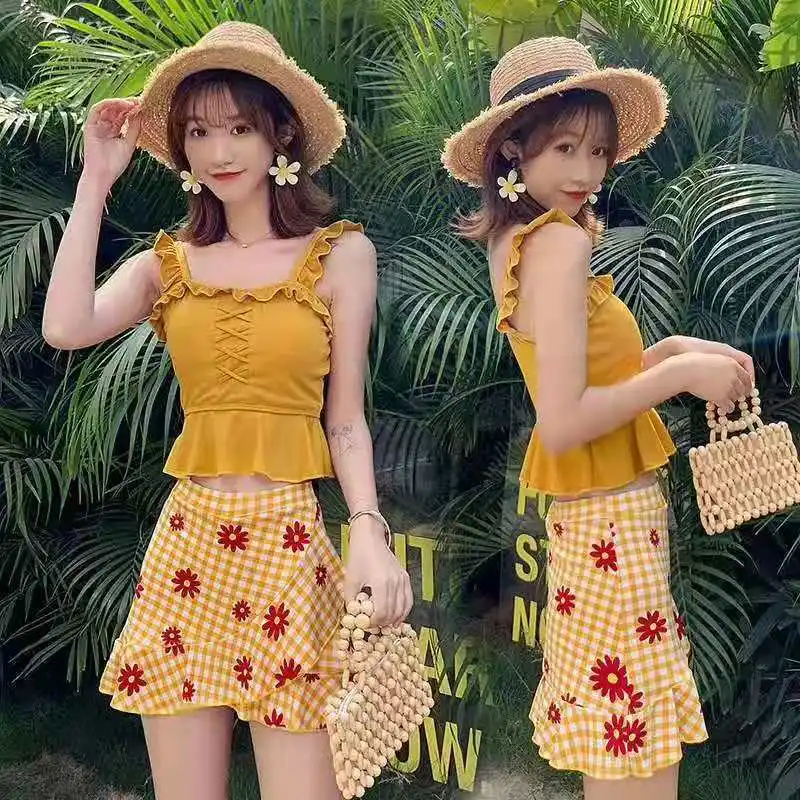 

Swimsuit Women's Split Skirt Flat Angle Small Fresh Conservative Gathering Korean Version Thin Hot Spring Swimsuit Bathing Suit