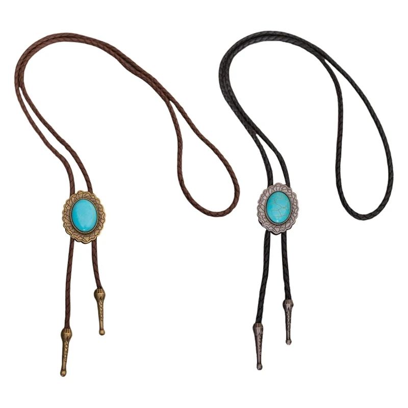 

50JB Stylish Men's Leather Cord Bolo Tie with Turquoises Pendant Adjustable Necktie Jewelry Necklace for Music Festivals