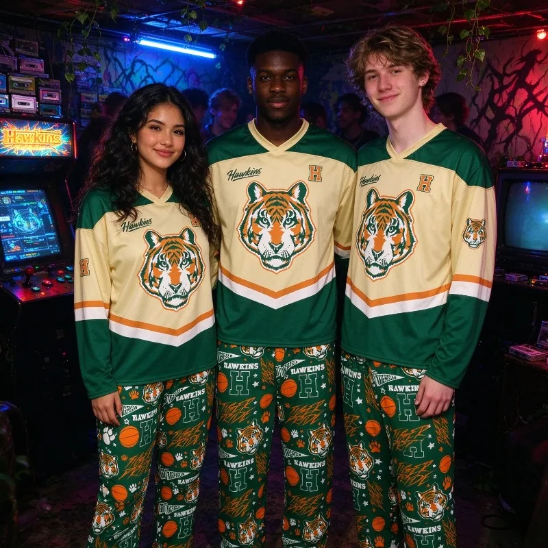 Hawkins Tiger Print Pajama Set Adult Kids Tops Straight Pants Unisex Retro 80s Basketball Loungewear Party Outfit Home Sleepwear