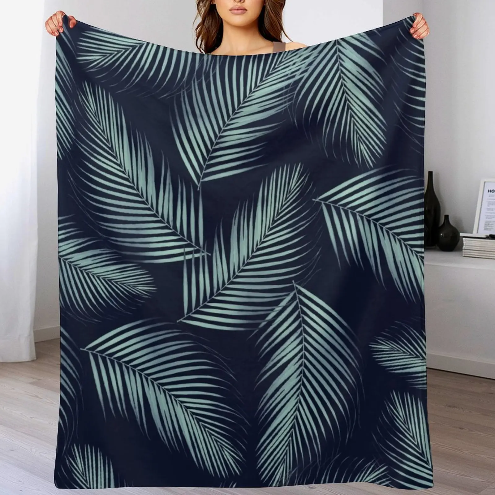 

Palm Leaves Pattern - Navy Blue Mint Cali Vibes #1 #tropical #decor #art Throw Blanket Travel blanket for airplane