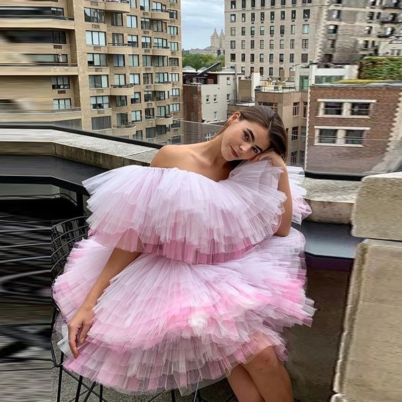 

Pink Off The Shoulder Prom Dresses Tiered Tulle Birthday Party Gowns Robe De Soiree Women Above Knee Puffy Ruffles Formal Wear