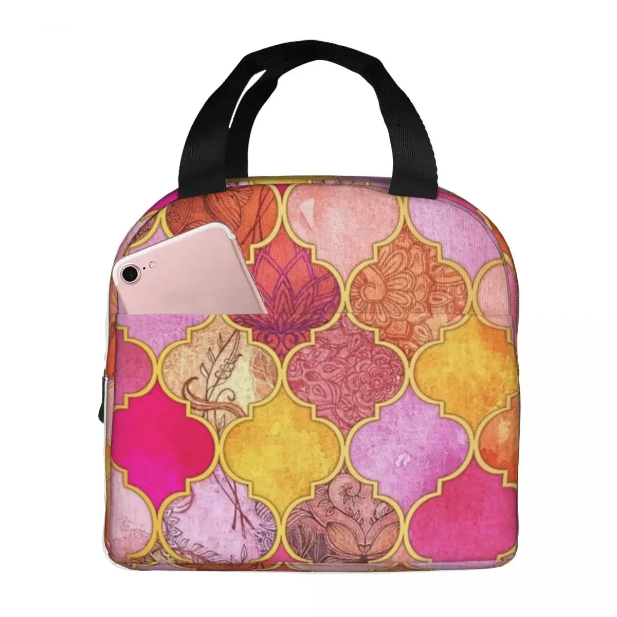 

Ярко-розовый, золотой, мандариновый и темно-серый декоративный узор из марокканской плитки Сумки для обеда Изолированная коробка для бенто Многоразовые сумки-холодильники для пикника