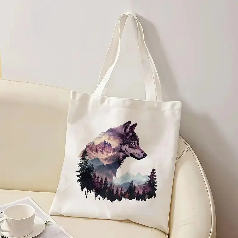 

Холщовая повседневная сумка на плечо с животным узором, большая сумка с принтом волка и леса, дорожная сумка для любителей природы, уличная многоразовая сумка для женщин и девочек