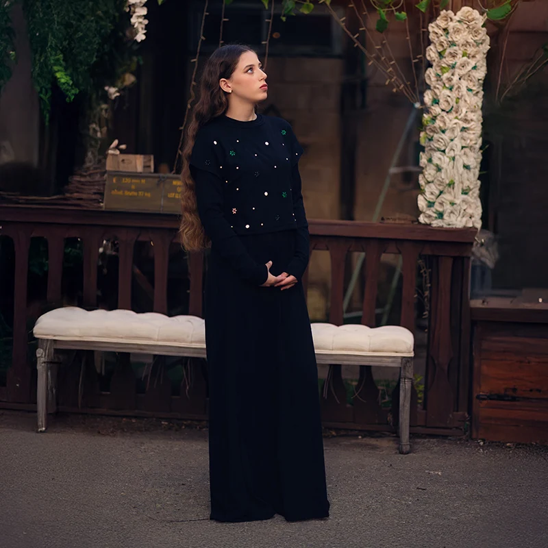 Maxi Dress Women Long Sleeve Lady Dresses Flowers and Pearls Top Casual Dress Round Neck Black Modal Ribbed Top Sizes XS-XXXL