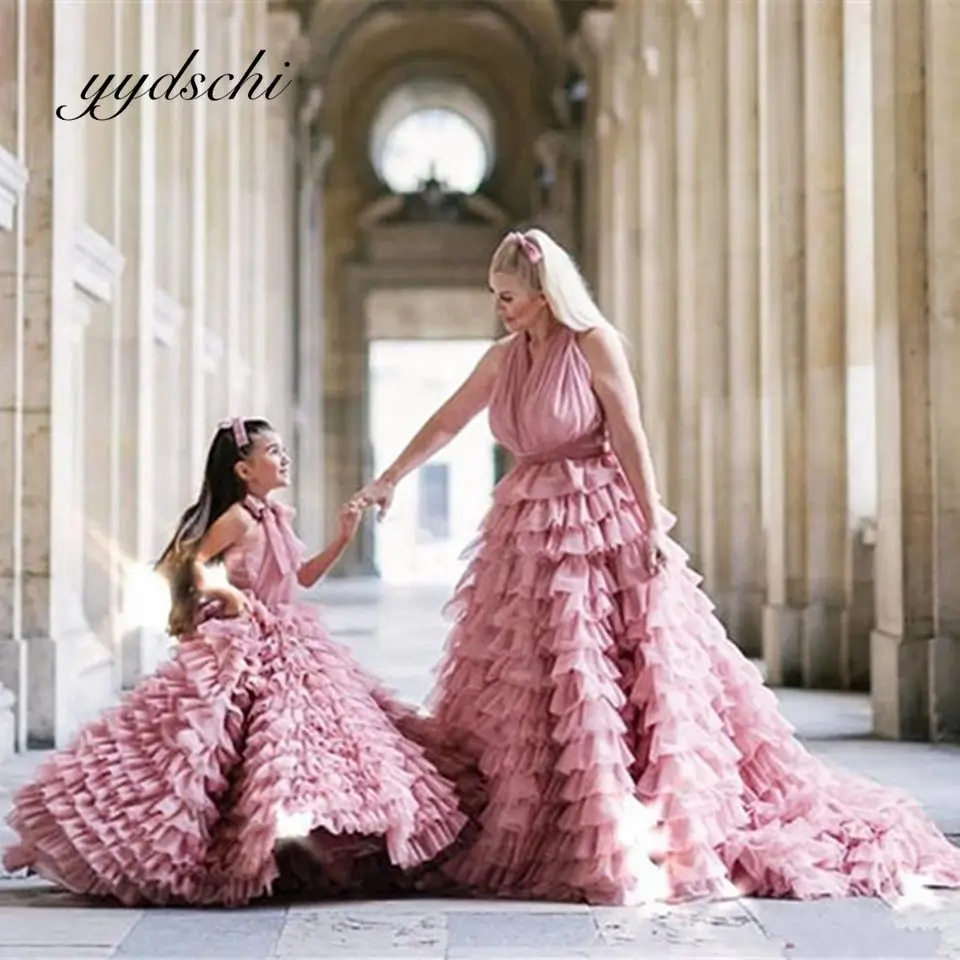 Customized Pink Mother And Daughter Matching Clothes 2025 Flower Girl Dresses Sleeveless Prom Dress Formal Evening Party Gown