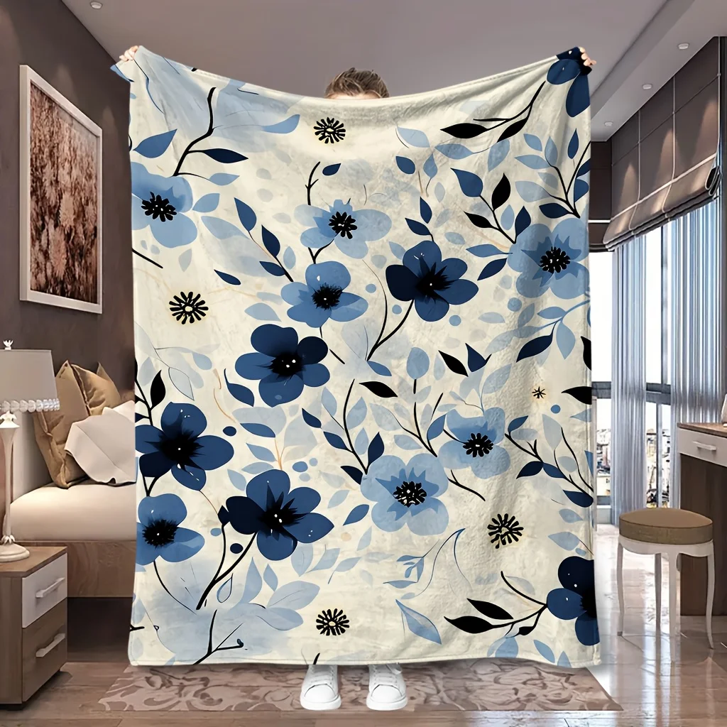1pc Dark Blue Floral Minimalist All-Over Print Flannel Blanket, Comfortable And Practical, Suitable for Blankets, Bed Covers, Do