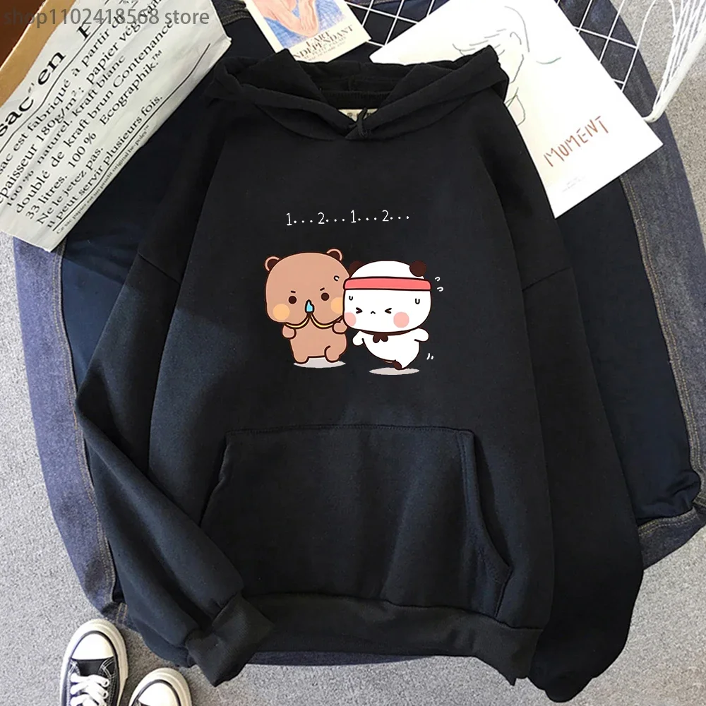 Women Kawaii Panda Bear Hoodie Cute Couple Bubu and Dudu Are Doing Exercise Sweatshirt Girls Tops Long Sleeve Pocket Clothes Men